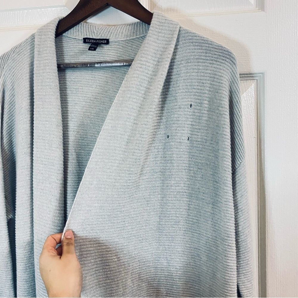 Eileen Fisher Light Gray Ribbed 100% Cashmere Long sleeve Shawl Open Cardigan L - Picture 14 of 16